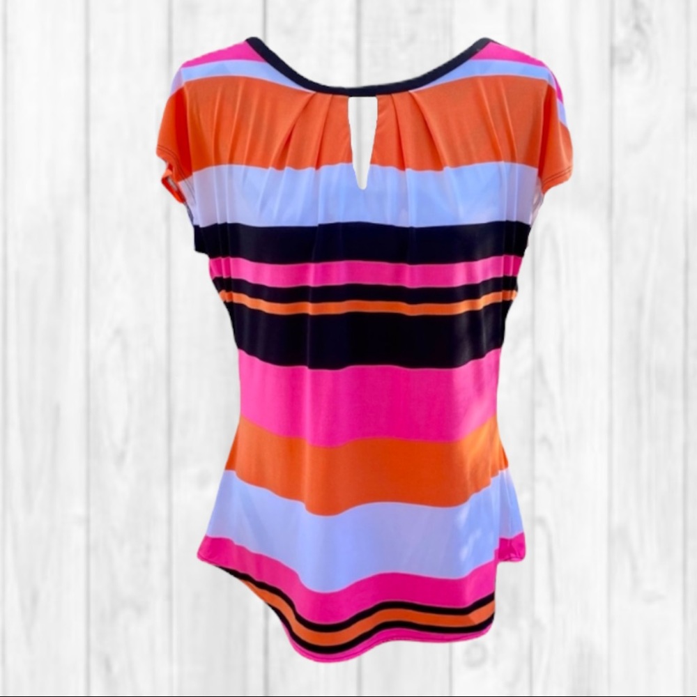 Worthington Black Pink Orange Stripe Scoop Neck Short Sleeve Blouse (L)